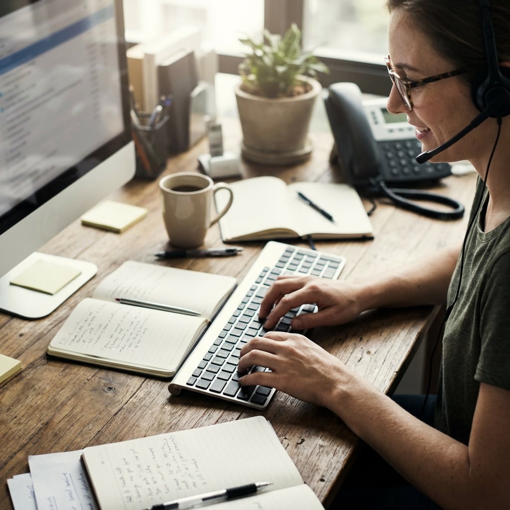 lady working on her computer while on the phone.